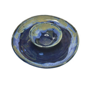 Handmade Pottery Chip and Dip Stoneware Ceramic Dish Bowl Signed Tosh Blue
